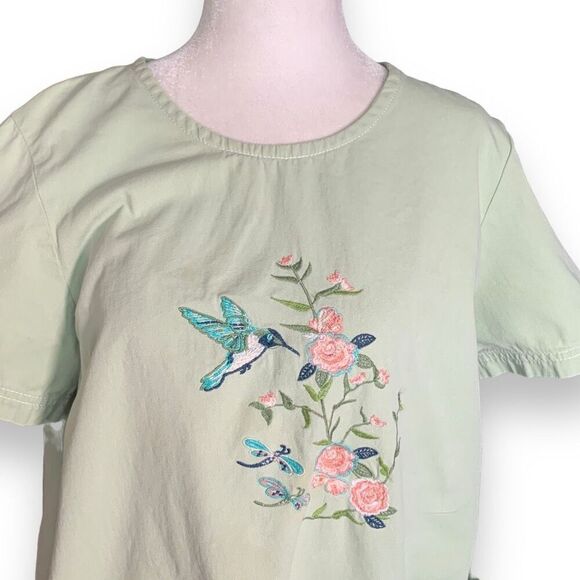 Vintage 90s Embroidered Dress Pistachio Green Pastel Pink Lightweight Denim - Picture 2 of 11